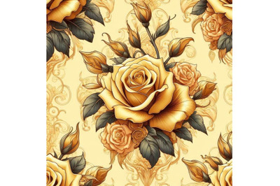 Yellow roses on golden ornament. Seamless pattern