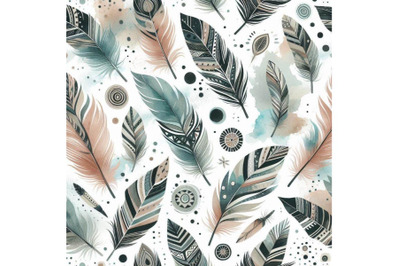 Watercolor tribal feathers seamless pattern with abstra