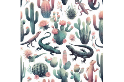 Watercolor seamless cactus pattern with lizards