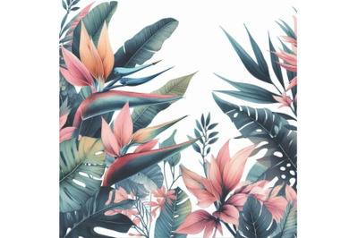 Watercolor exotic leaves and flowers background