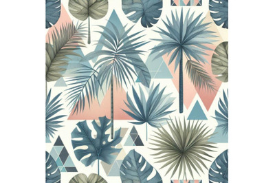 Watercolor tropical leaves and palm trees in geometric