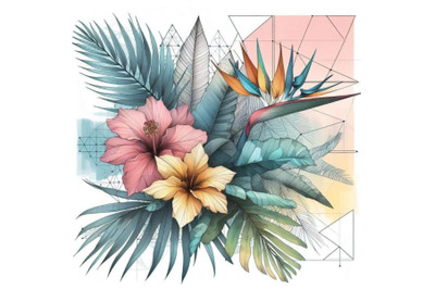 Watercolor tropical flowers on geometric background w