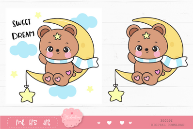 Cute Teddy bear moon winter season kawaii clipart bedtime