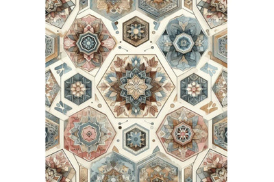 Watercolor hexagon seamless pattern with geometric o