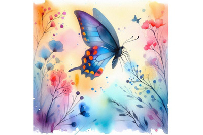 Watercolor butterfly background in bright colors