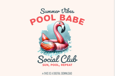 Cute Pool Babe PNG, Summer Sublimation Design, Beach Vibes, Flamingo Swimming Ring, Retro Summer Png, Social Club, Trendy Shirt Print