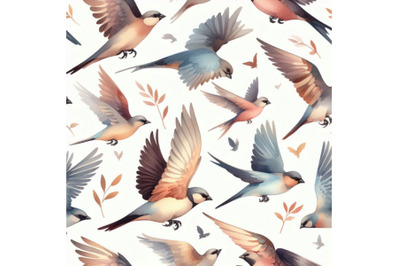 Watercolor silhouettes of flying birds. Seamless patt