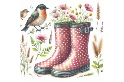 Watercolor polka dot rubber boots with meadow her