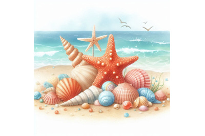 Watercolor beach illustration with sea shells and sta