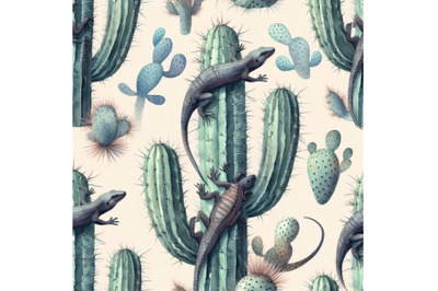 Watercolor seamless cactus pattern with lizards