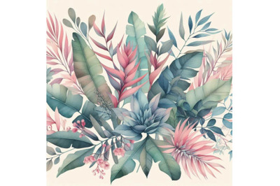 Watercolor exotic leaves and flowers background