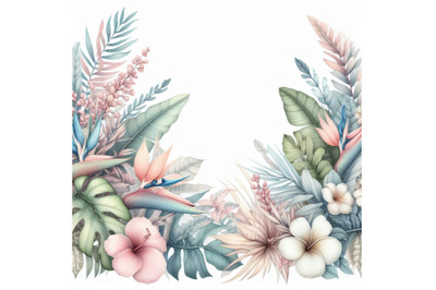 Watercolor exotic leaves and flowers background