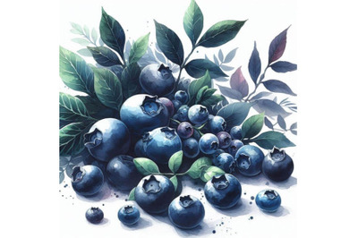 Blueberries with leaves&2C; watercolor illustration