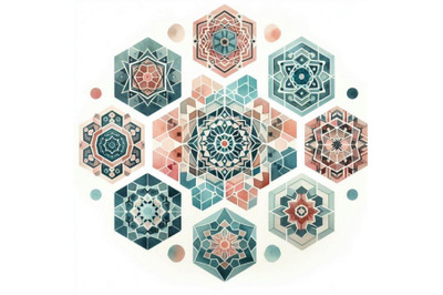 Watercolor hexagon seamless pattern with geometric o