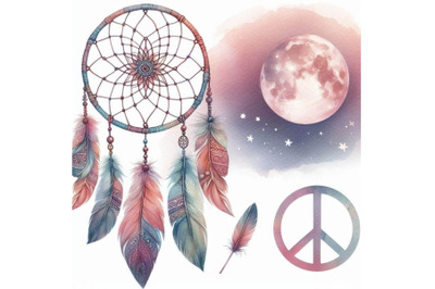 Watercolor ethnic dream catcher and peace sign