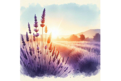 Watercolor lavender field landscape. Summer in Proven