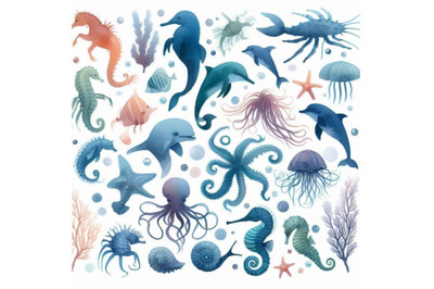 Watercolor silhouettes of marine animals background