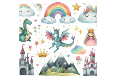 Watercolor fairy tale collection with cute dragon&2C; rainb