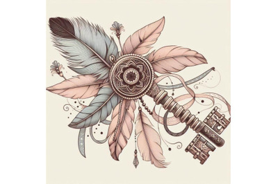 Vintage key with feathers and ribbons in the style of bo