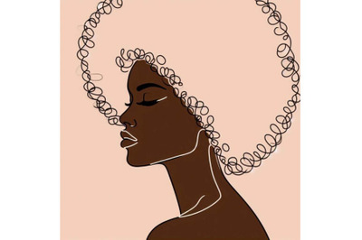 Black woman afro portrait. Female profile continuous li