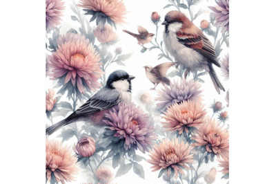 Watercolor asters and birds seamless pattern