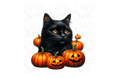 Black Cat with Pumpkins PNG Digital Prints for Fall Sublimation Crafti