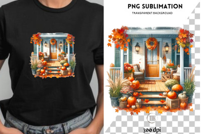 Autumn Porch Sublimation Print, Fall PNG Design for Crafting, Front Po