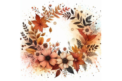 Autumn watercolor wreath on splash background with f