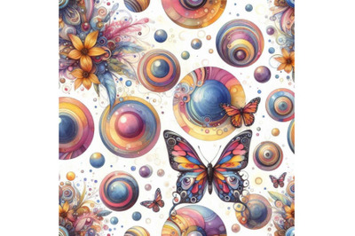 Abstract watercolor circles and butterfly seamless patt