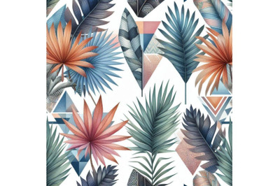 Watercolor tropical leaves and palm trees in geometric