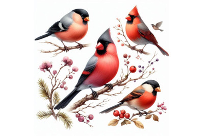 Watercolor bullfinch, titmouse, cardinal and sparrow on