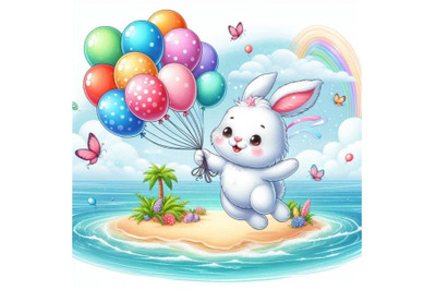 Cute bunny flying with colorful balloons on sea landsca