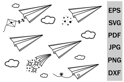 Paper airplane, romantic clipart for doodle style printing