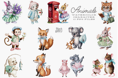 Animal Character Watercolor PNG Bundle