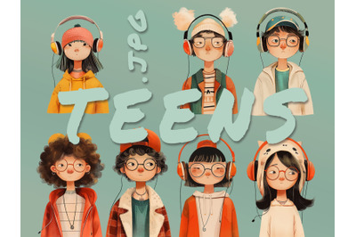 Trendy Teens with Headphones and Glasses - Stylish Illustration