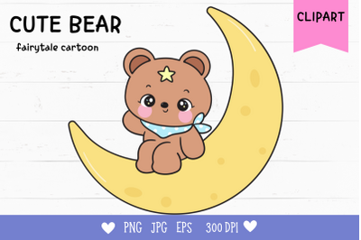 Cute Teddy bear on moon kawaii clipart bedtime story baby