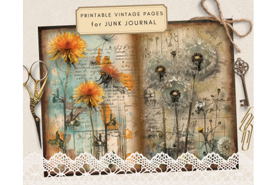 Digital Dandelion Journaling Pages, Vintage Junk Journal Ephemera and