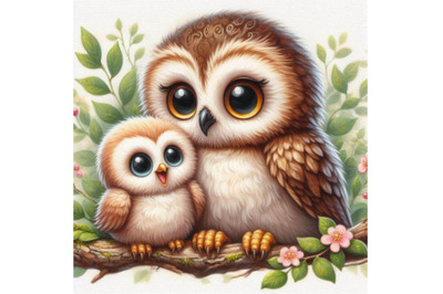 Cute baby owl and mom