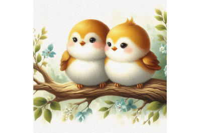 Cute bird couple sitting on tree branch