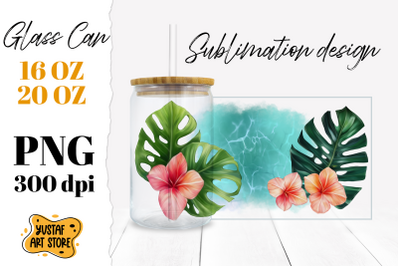 Tropical leaves Glass Can. Summer glass can sublimation