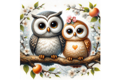 Cute owl couple sitting on tree branch