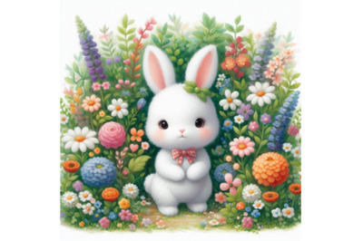 Cute Rabbit Standing in a flower garden