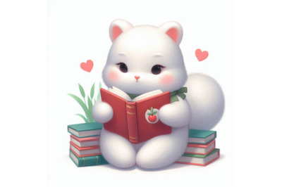 Cute white animal reading book