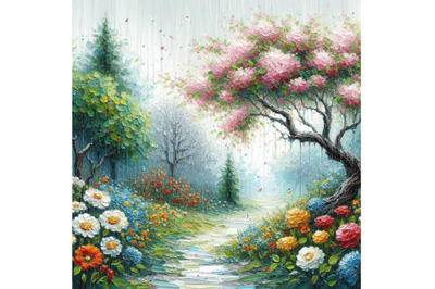 Flowers and trees rain