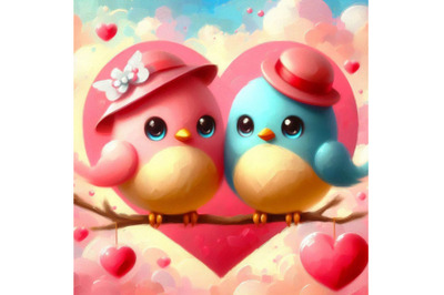 A 2D Two cute bird lovers on pink hearts shaped