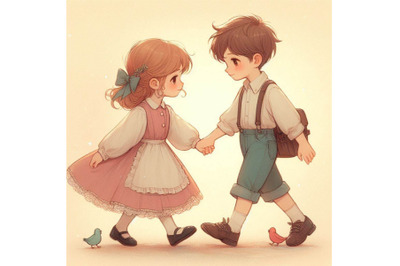 A boy with a girl holding hands