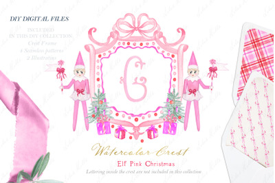 Elf Girl Pink Christmas Watercolor Crest DIY