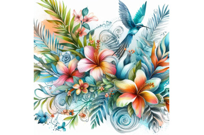 Abstract tropical summer design. Watercolor exotic flowers&2C; le