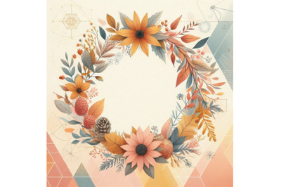 Autumn watercolor wreath on geometric background with flow