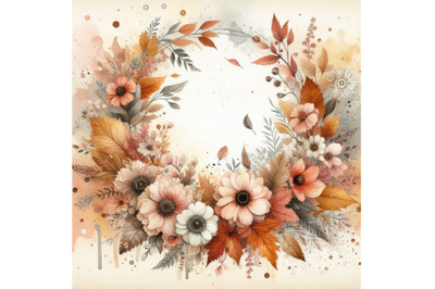 Autumn watercolor wreath on splash background with flowers,